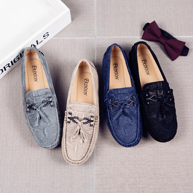 Stile - Men's Black Textured Suede Driving Loafers with Tassels - Ashour Shoes