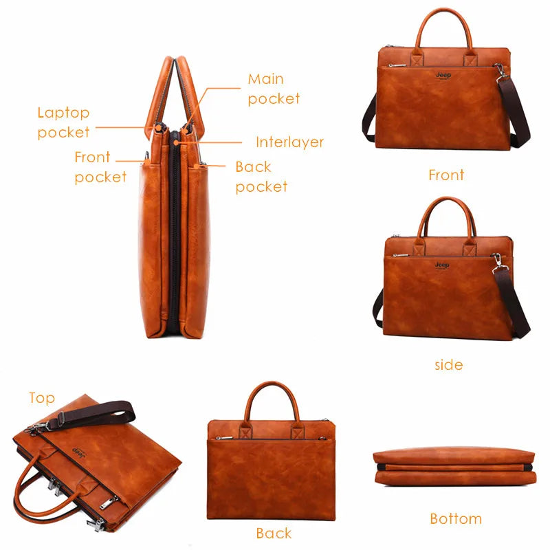 Bulini - Men's Split Leather Business Briefcase – 14-Inch Laptop Bag with Multi-Pocket Design - Ashour Shoes