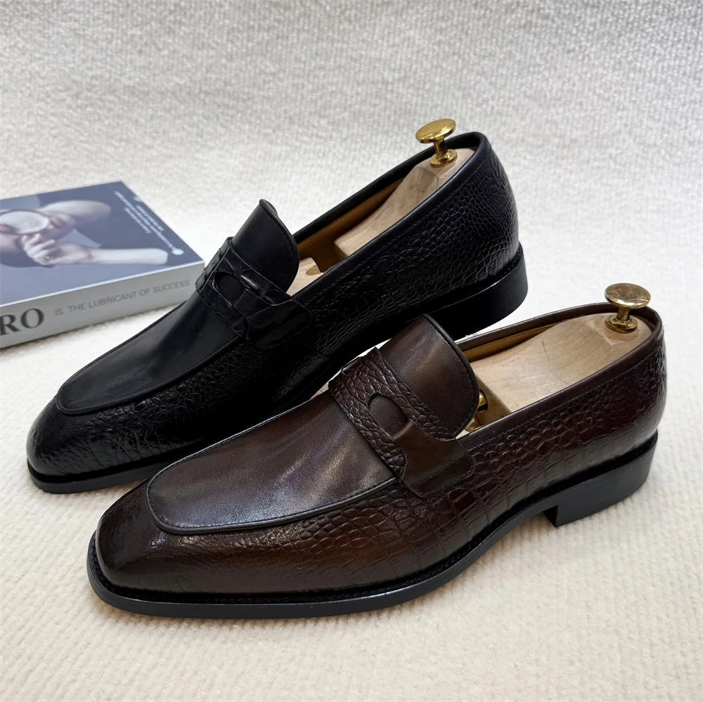 Eleganza - Men's Dark Brown Crocodile Print Leather Loafers - Ashour Shoes