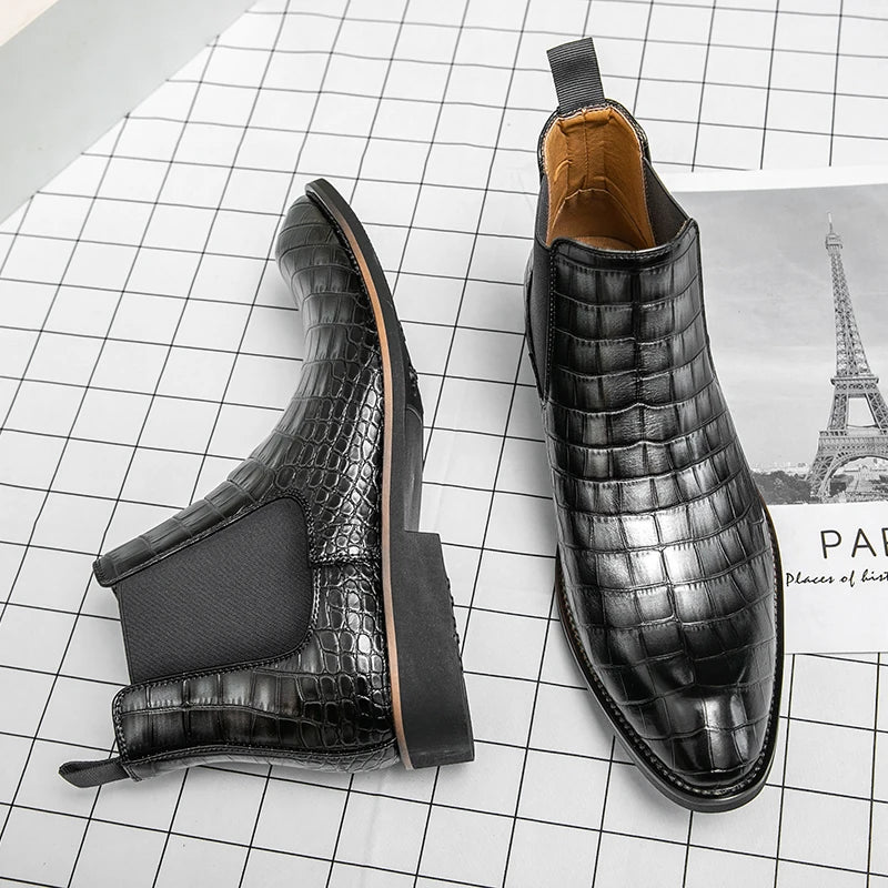Bromley – Men’s Alligator-Print Leather Ankle Boots – Winter Dress Boots - Ashour Shoes