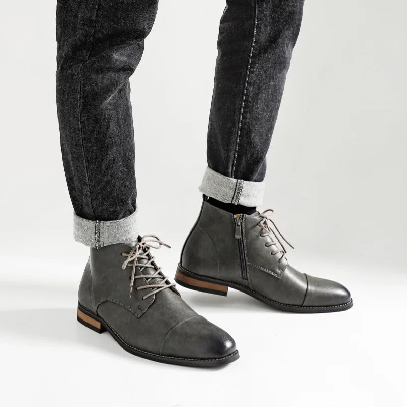 Averon – Men’s Vegan Leather zip up Boots – Cap Toe Lace-Up Ankle Dress Boots - Ashour Shoes