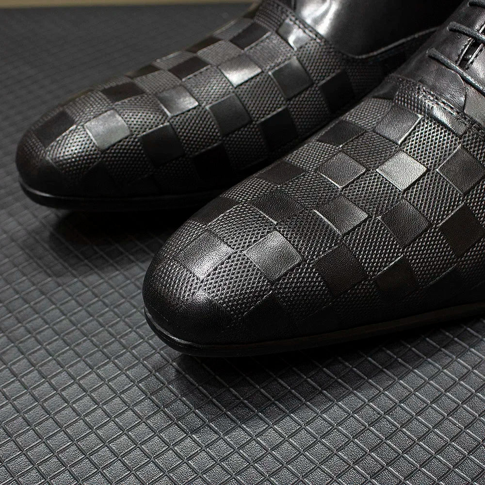 Ardito - Men's Luxury Genuine Leather Oxford Dress Shoes with Embossed Checkered Print - Ashour Shoes
