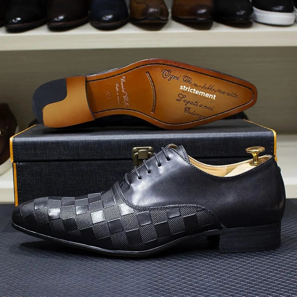 Ardito - Men's Luxury Genuine Leather Oxford Dress Shoes with Embossed Checkered Print - Ashour Shoes