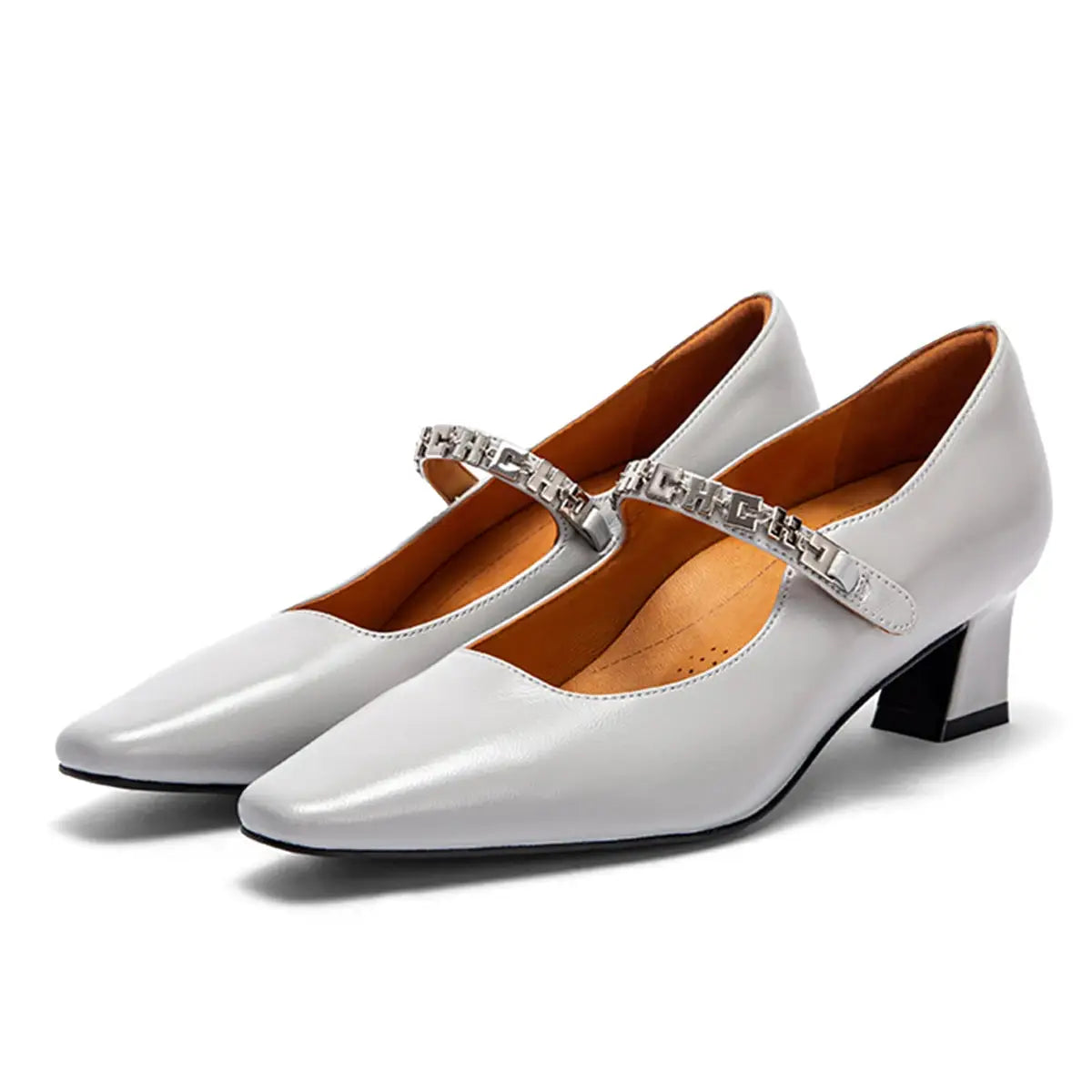 Argento - Women's Elegant Leather Mary Jane Pumps with Chain Detail - Ashour Shoes