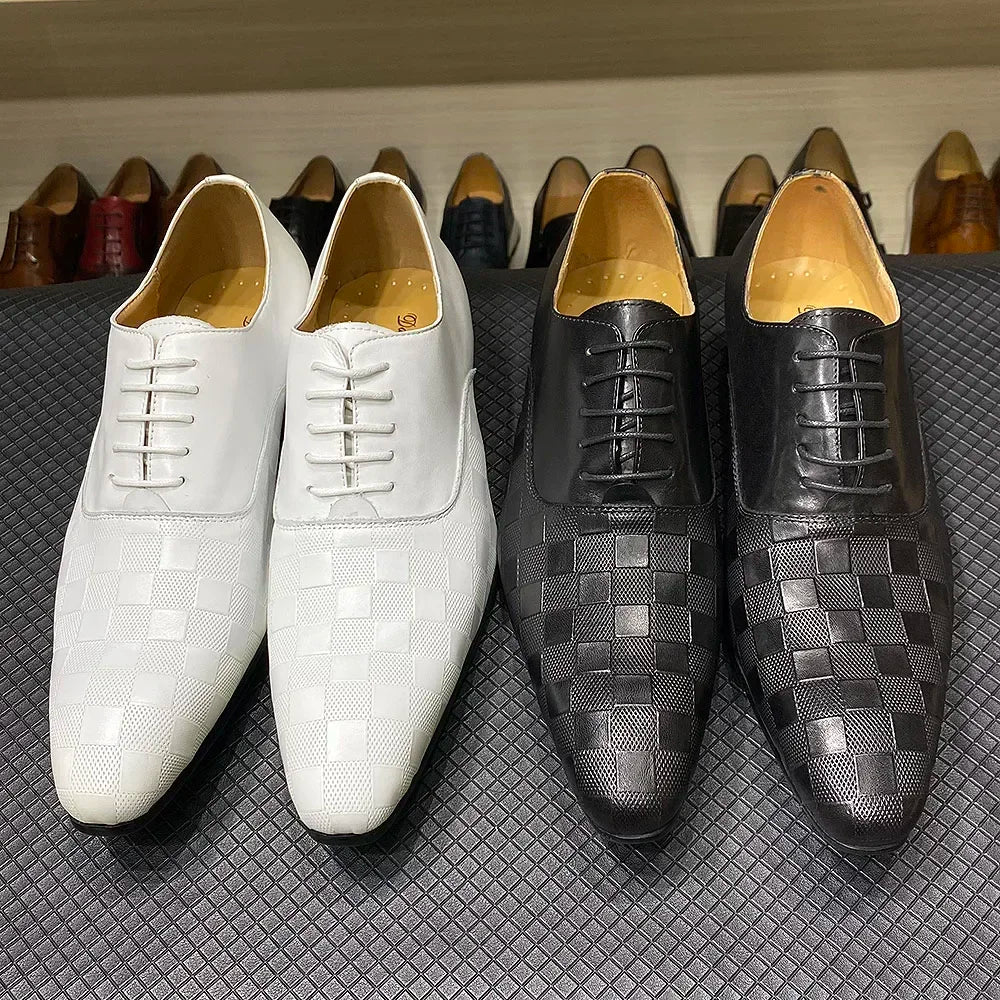 Ardito - Men's Luxury Genuine Leather Oxford Dress Shoes with Embossed Checkered Print - Ashour Shoes