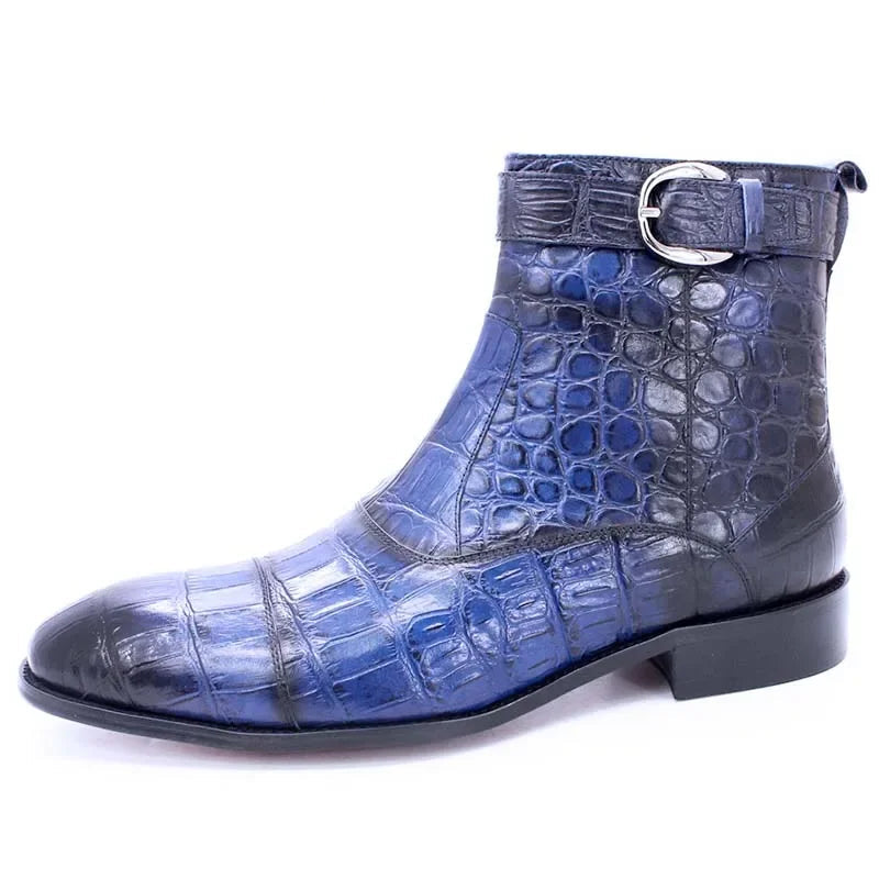 Divo - Men's Genuine Leather Crocodile Print Zip Buckle Ankle Boots - Ashour Shoes