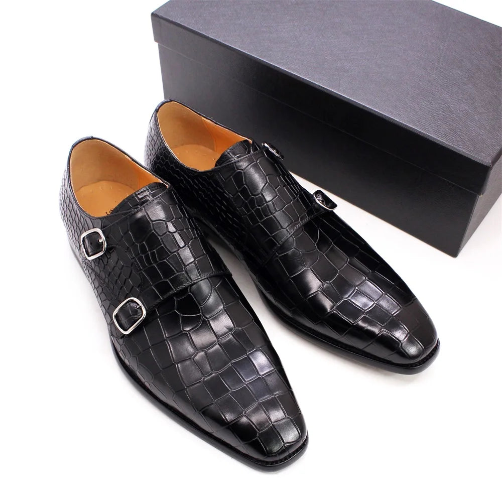 Maestro - Men's Elegant Black Crocodile Embossed Double Monk Strap Dress Shoes - Ashour Shoes