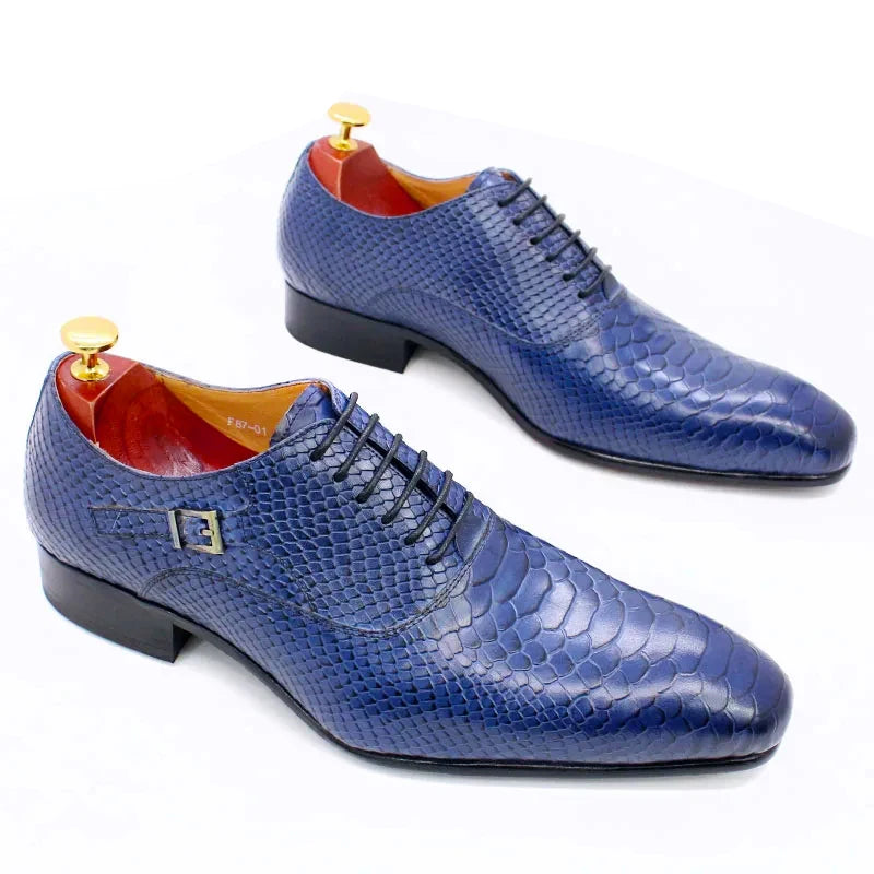 Distinto - Men's Luxury Blue Genuine Leather Snake Print Oxford Dress Shoes - Ashour Shoes