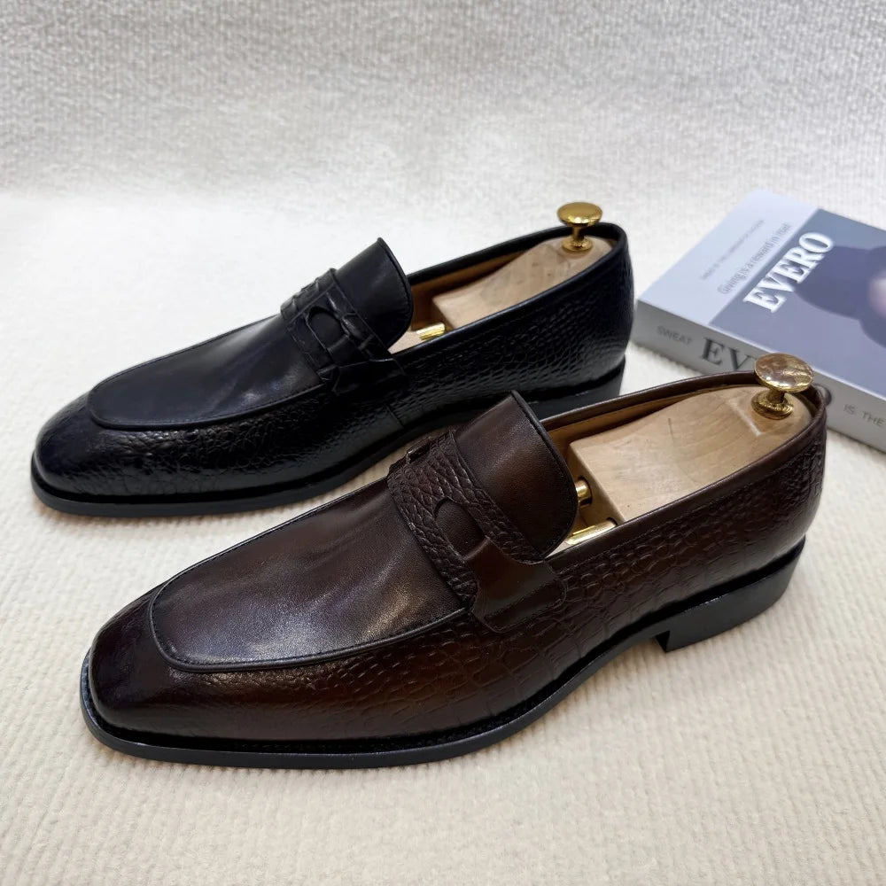 Eleganza - Men's Dark Brown Crocodile Print Leather Loafers - Ashour Shoes
