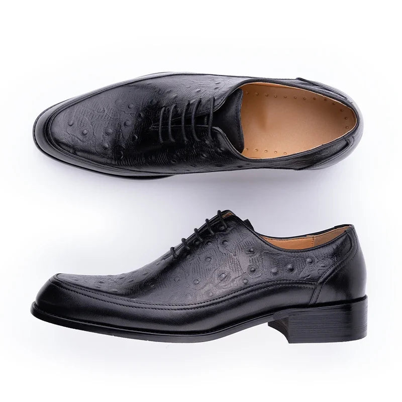 Distinto - Men's Luxury Black Ostrich Print Leather Oxford Dress Shoes - Ashour Shoes
