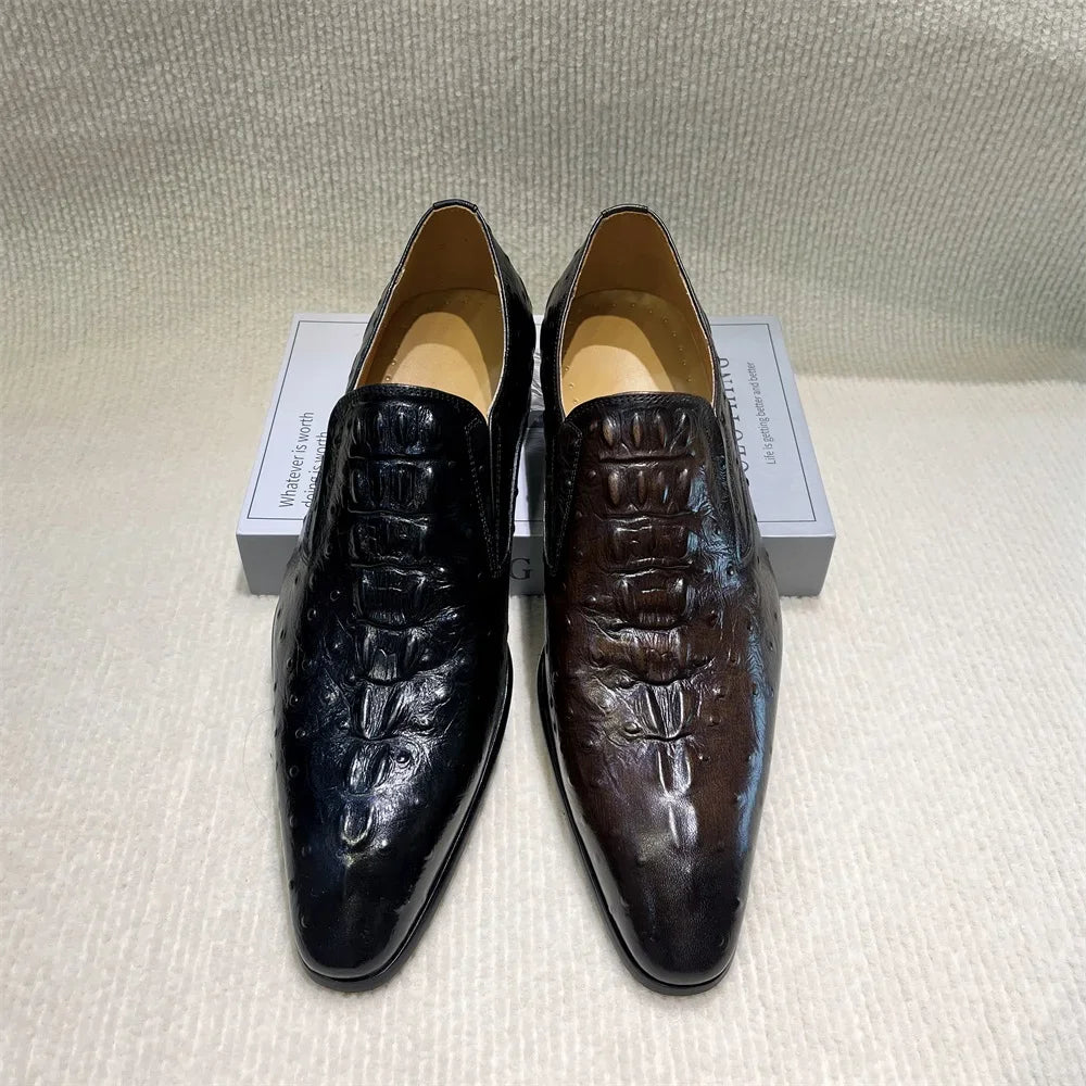 Virello – Men’s Leather loafers with ostrich print (Black / Brown) - Ashour Shoes