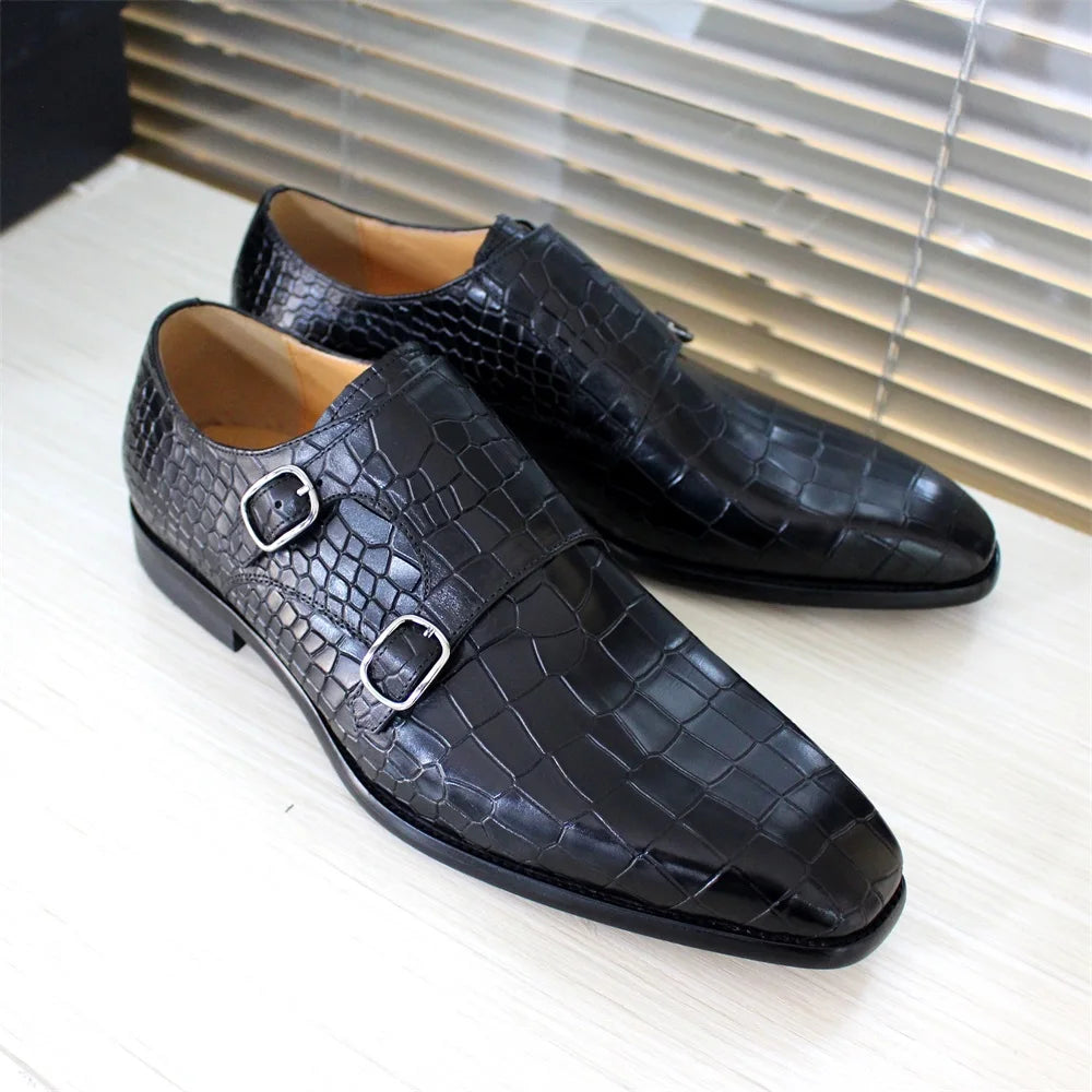 Maestro - Men's Elegant Black Crocodile Embossed Double Monk Strap Dress Shoes - Ashour Shoes