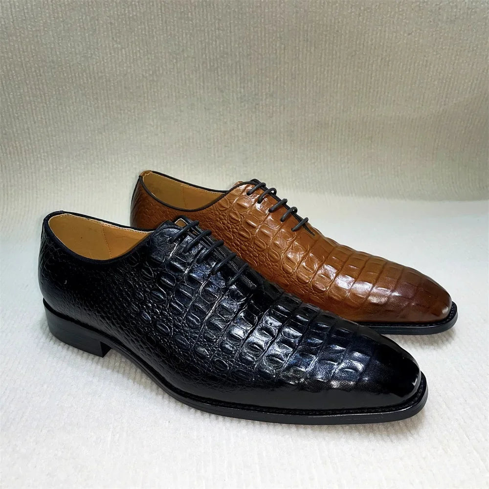 Distinto - Men's Lace-Up Pointed Toe Crocodile Embossed Leather Oxford Dress Shoes - Ashour Shoes