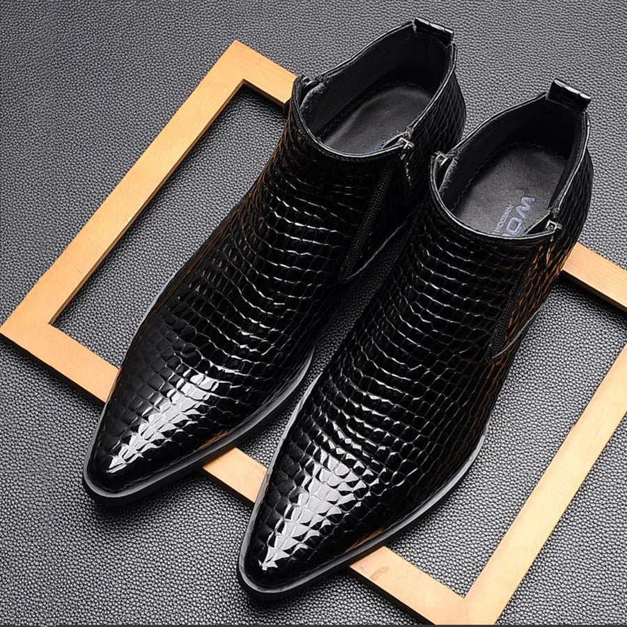 Stile - Men's Blue Crocodile Embossed Patent Leather Zipper Ankle Dress Boots - Ashour Shoes