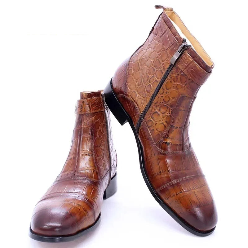 Divo - Men's Genuine Leather Crocodile Print Zip Buckle Ankle Boots - Ashour Shoes
