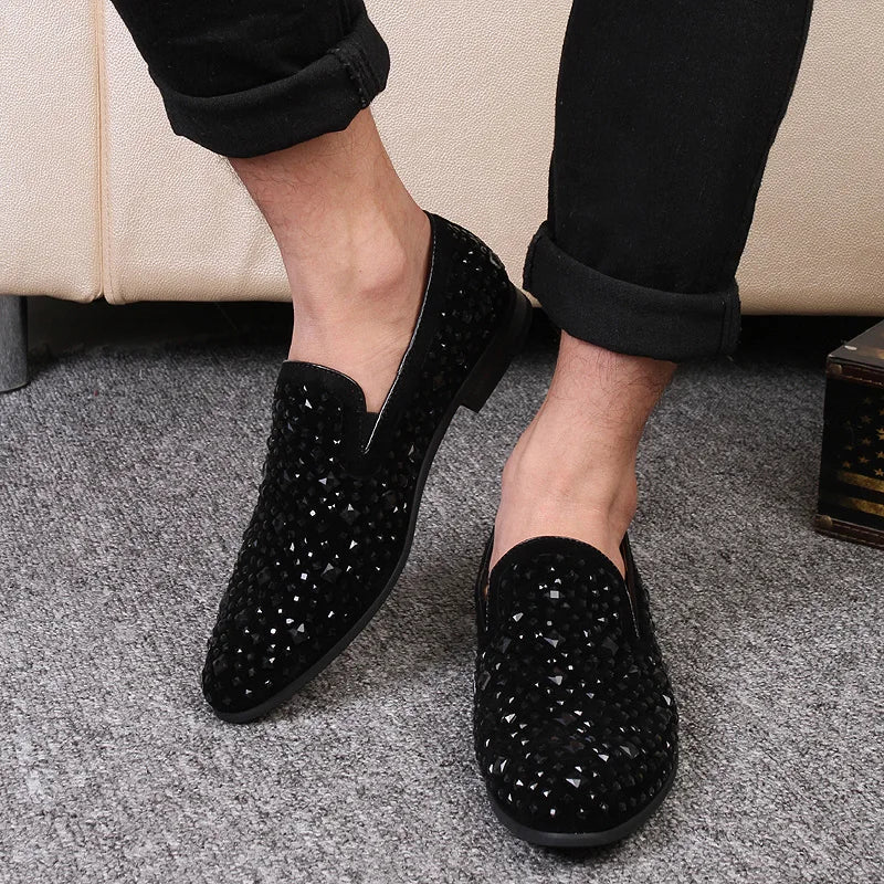 Sfarzo - Men's Black Crystal Embellished Slip-On Loafer Dress Shoes - Ashour Shoes