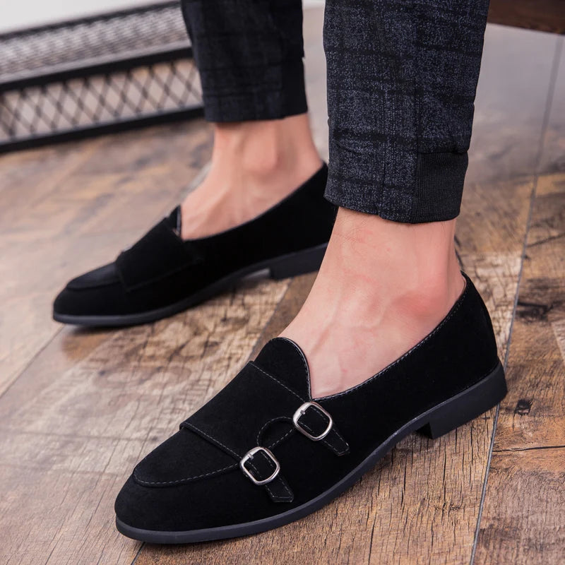 Duca - Men's Black Suede Pointed Toe Double Monk Strap Dress Shoes - Ashour Shoes