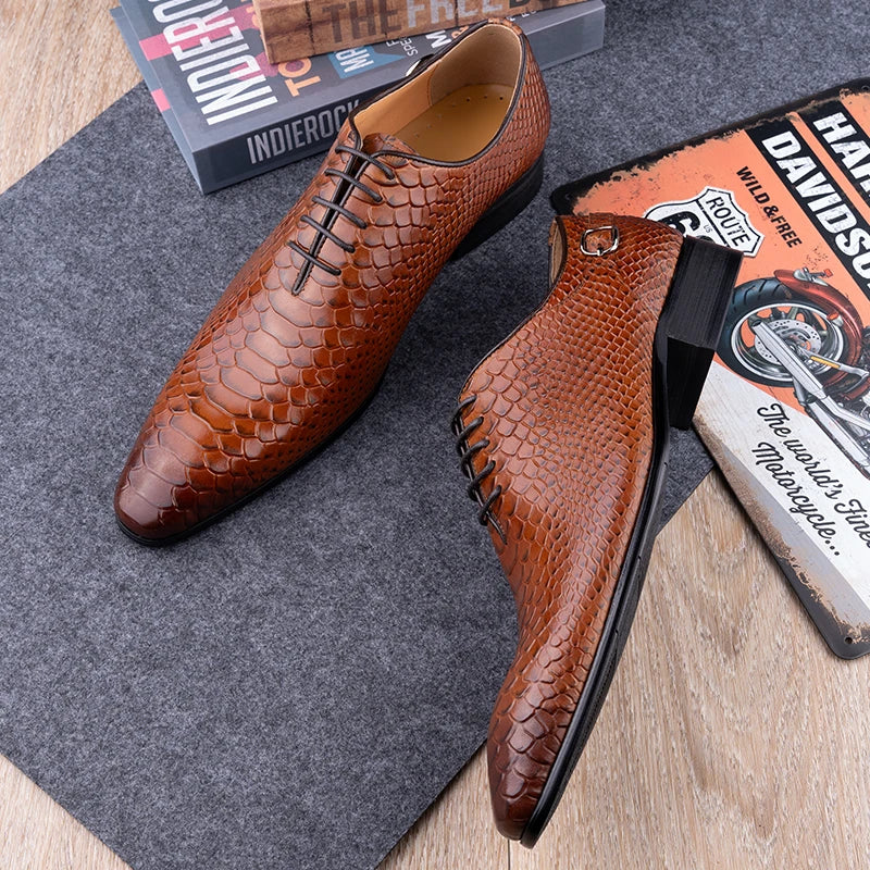 Caimano - Men's Cognac Embossed Leather Oxford Dress Shoes - Ashour Shoes