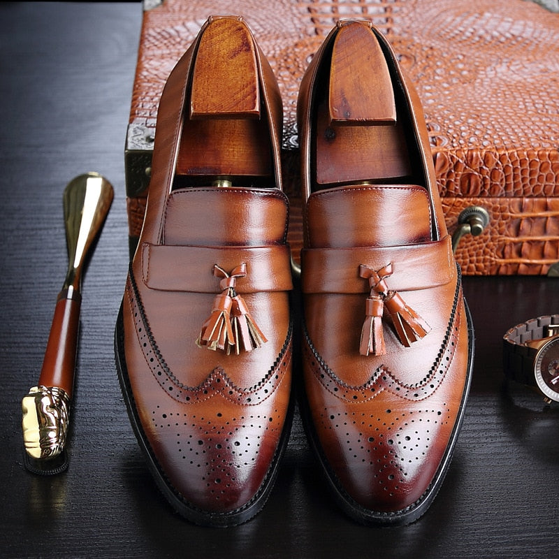 Classic Brown Leather‎ Tassel Loafers Wingtip Dress Shoes Handmade Leather Tassel Loafers: Men main image 3