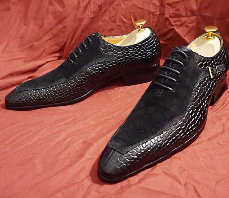 Emporimus2 - Suede & Alligator Print Leather Oxford Single Buckle dress Shoes - Ashour Shoes