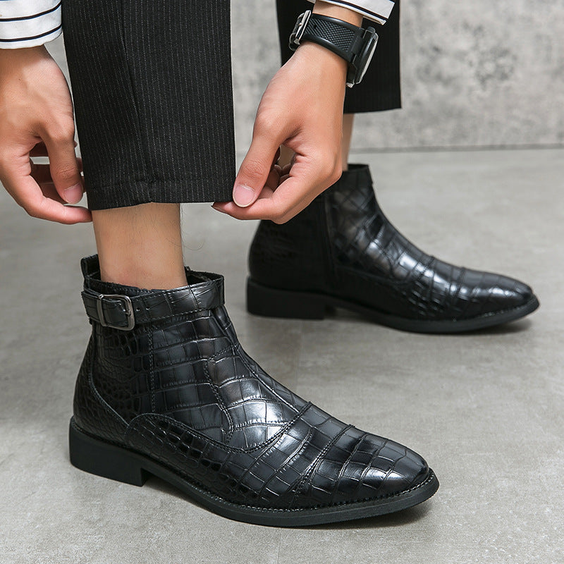 Drago - Men's Crocodile Embossed Buckle Zip Ankle Boots - view 8 — view 8 of 10