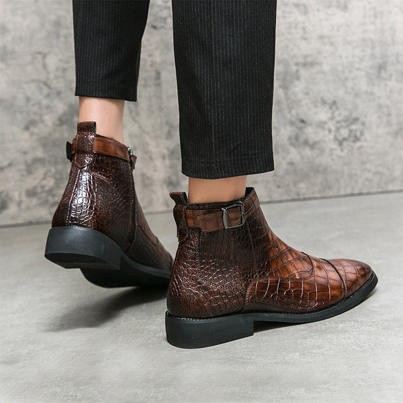 Drago - Men's Crocodile Embossed Buckle Zip Ankle Boots - view 9 — view 9 of 10