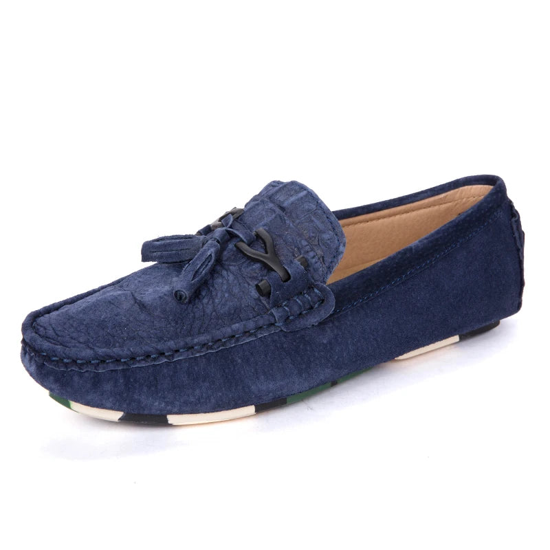 Stile - Men's Black Textured Suede Driving Loafers with Tassels - Ashour Shoes