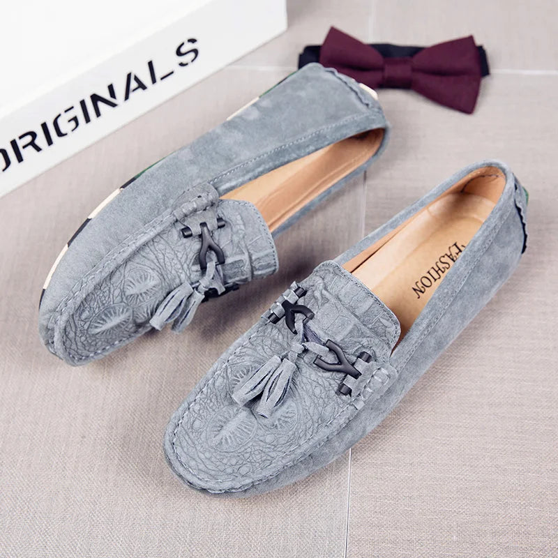 Stile - Men's Black Textured Suede Driving Loafers with Tassels - Ashour Shoes