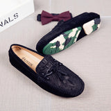 Stile - Men's Black Textured Suede Driving Loafers with Tassels - Ashour Shoes