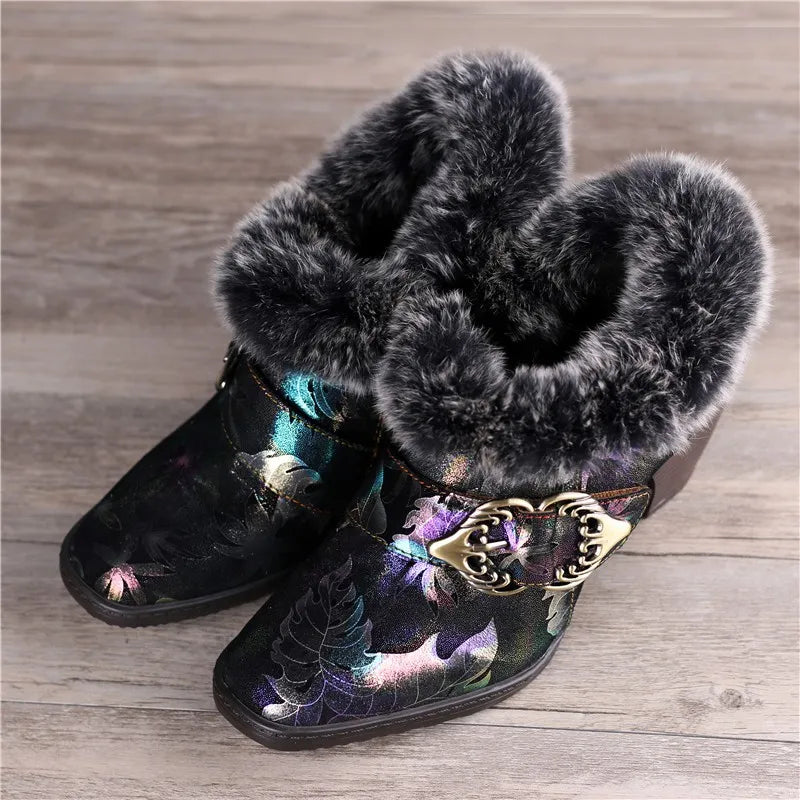 Arty - Colorful Fur Collar Warm Booties for women
