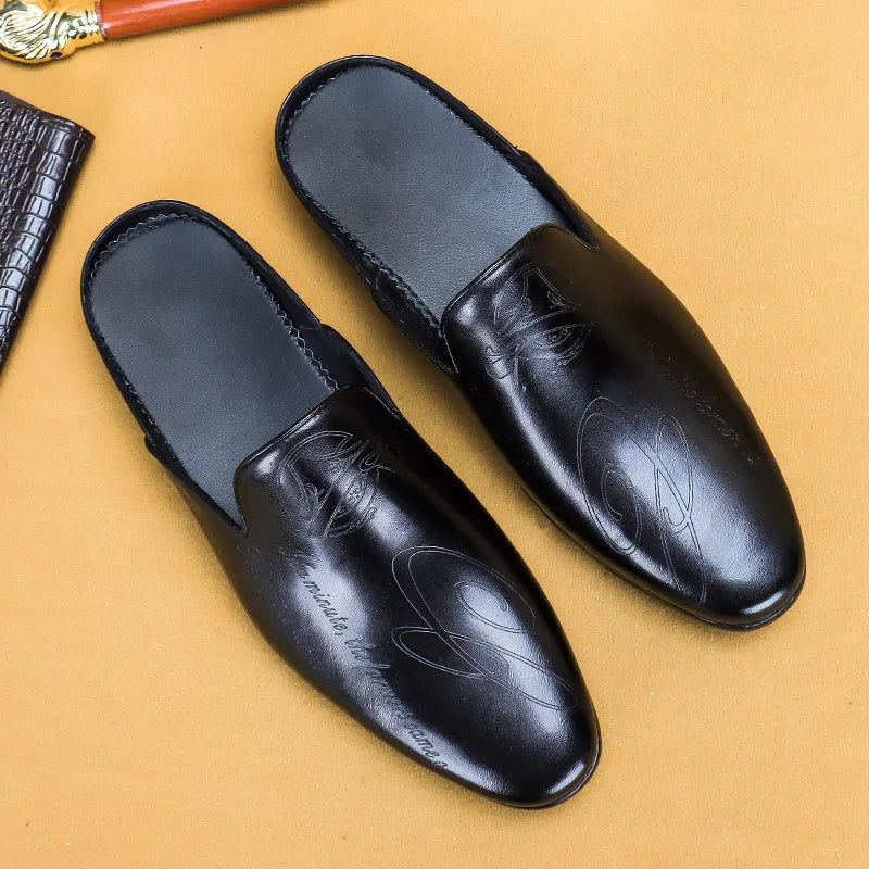 Maestro - Men's Engraved Burnished Leather Backless Loafers - Ashour Shoes