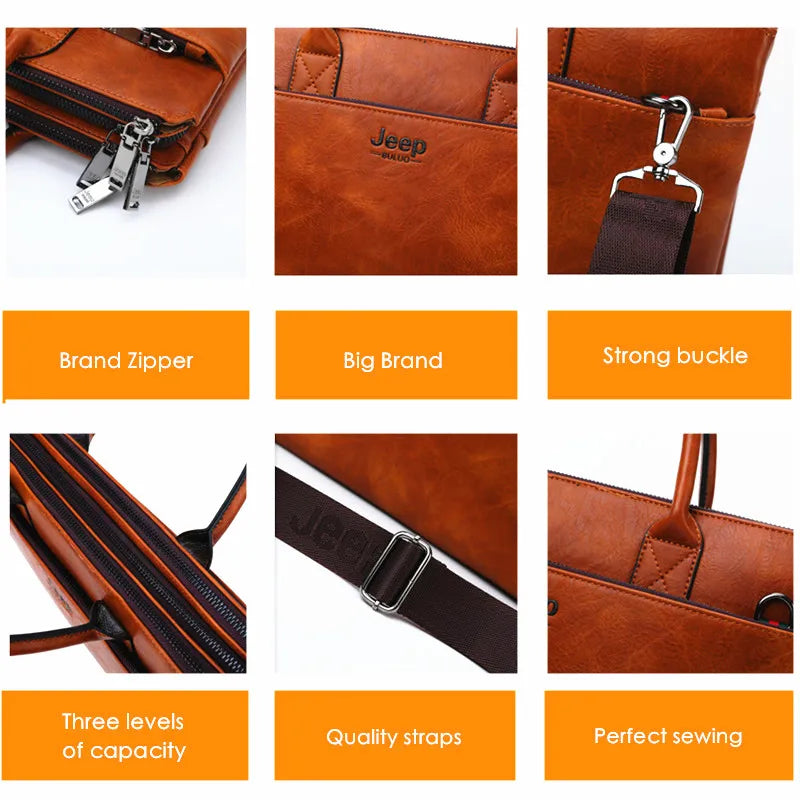 Bulini - Men's Split Leather Business Briefcase – 14-Inch Laptop Bag with Multi-Pocket Design - Ashour Shoes