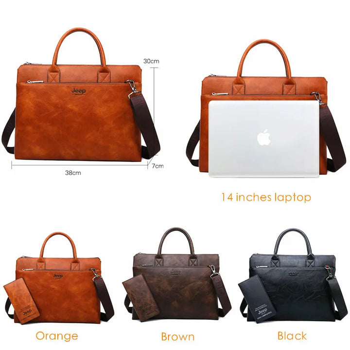 Bulini - Men's Split Leather Business Briefcase – 14-Inch Laptop Bag with Multi-Pocket Design