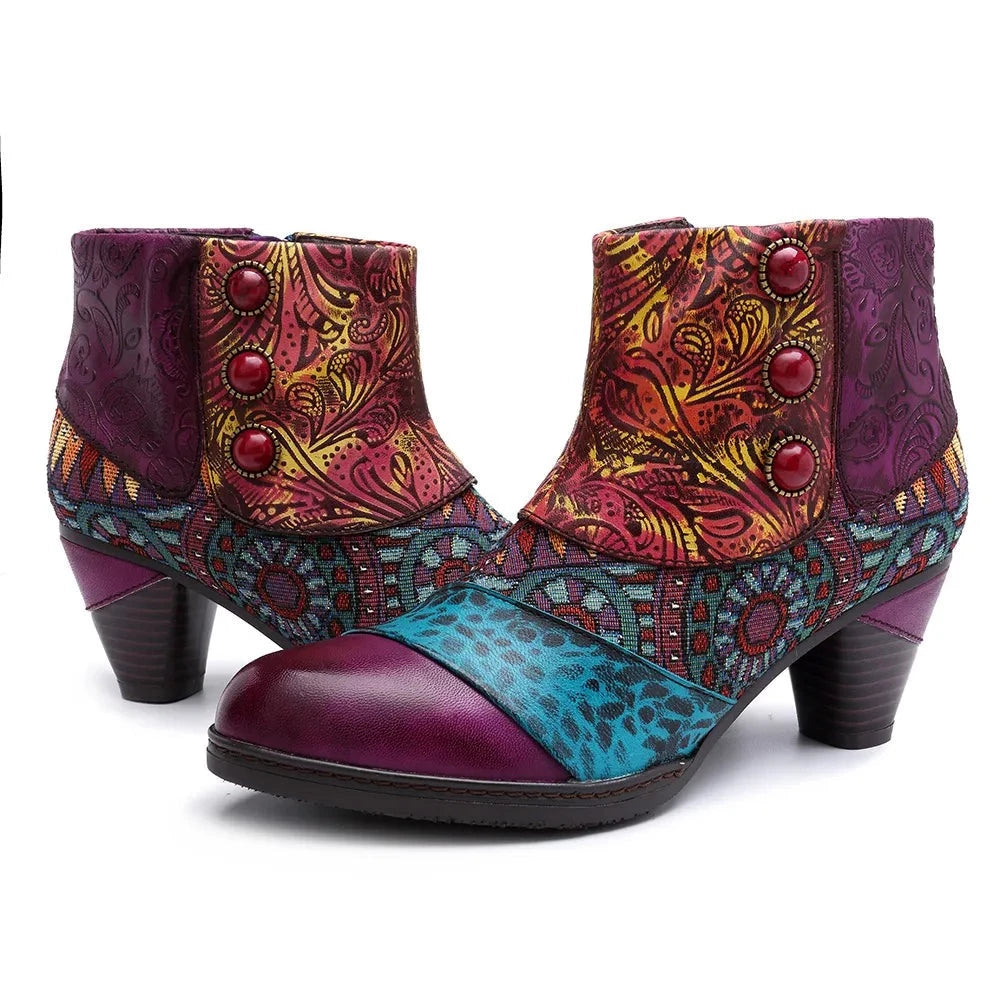 Embi - Colorful Retro Embroidered leather Booties - Ashour Shoes