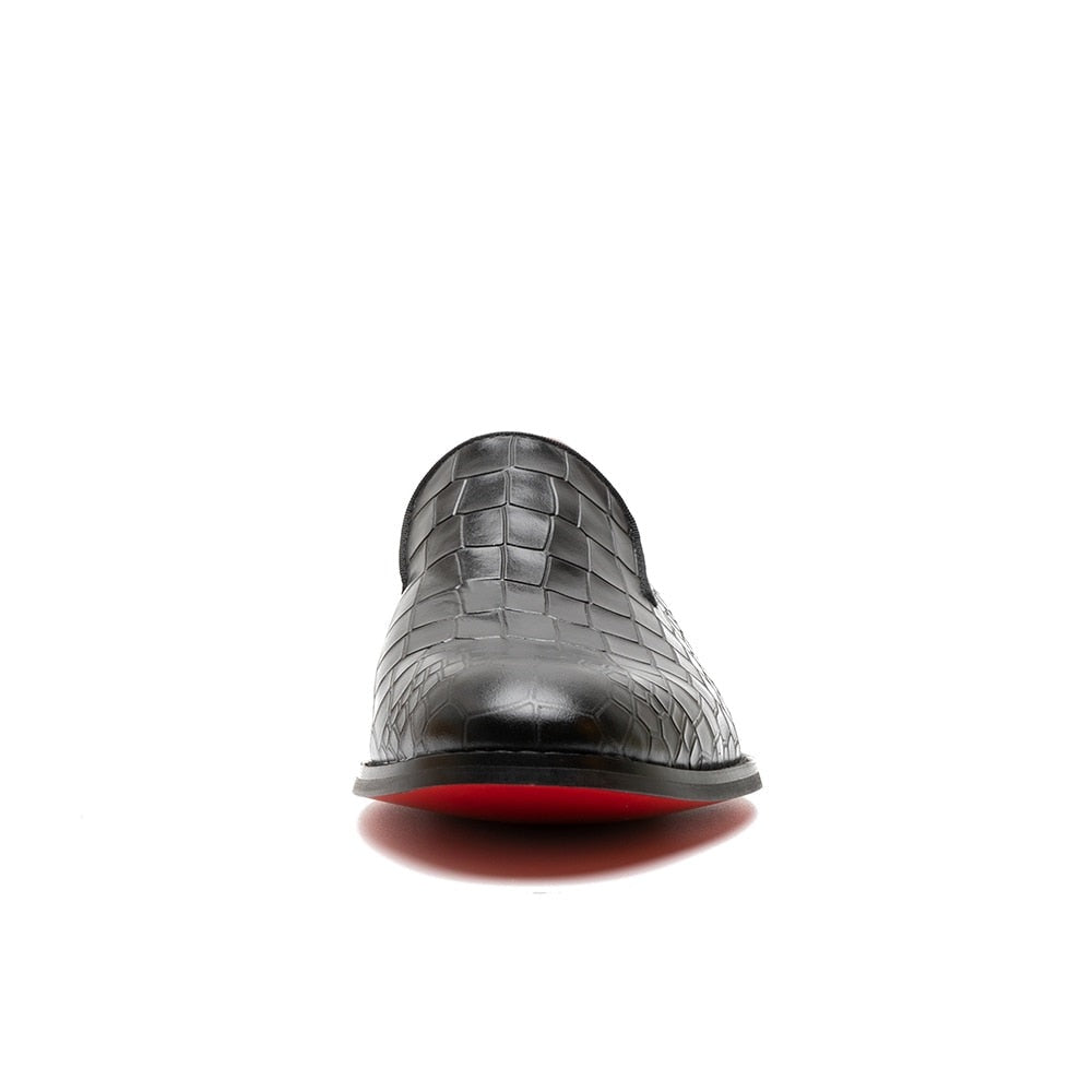 Black red crocodile skin pattern leather derby dress shoe
