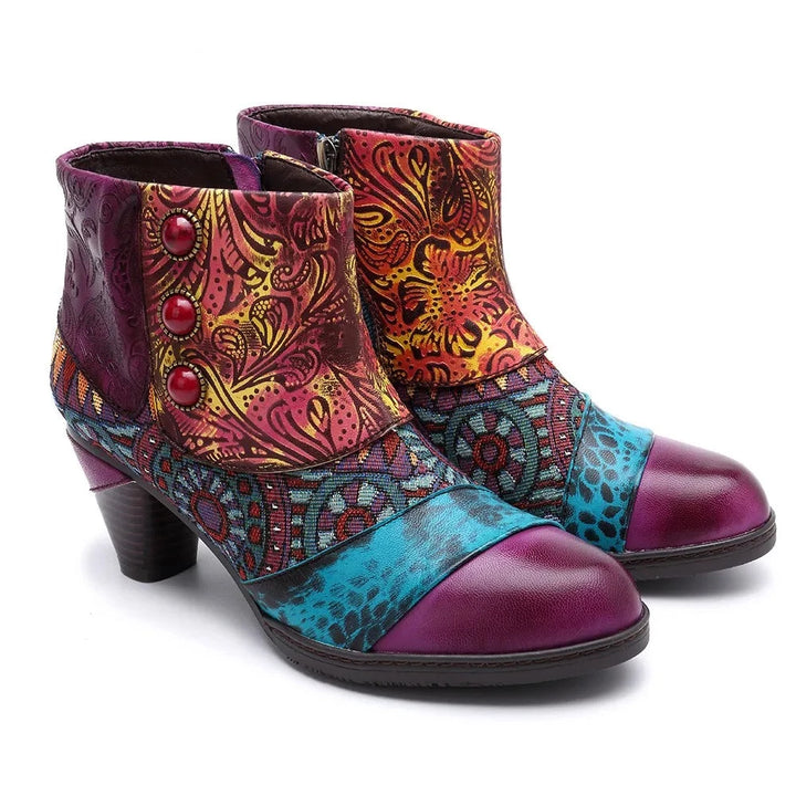 Embi - Colorful Retro Embroidered leather Booties - Ashour Shoes