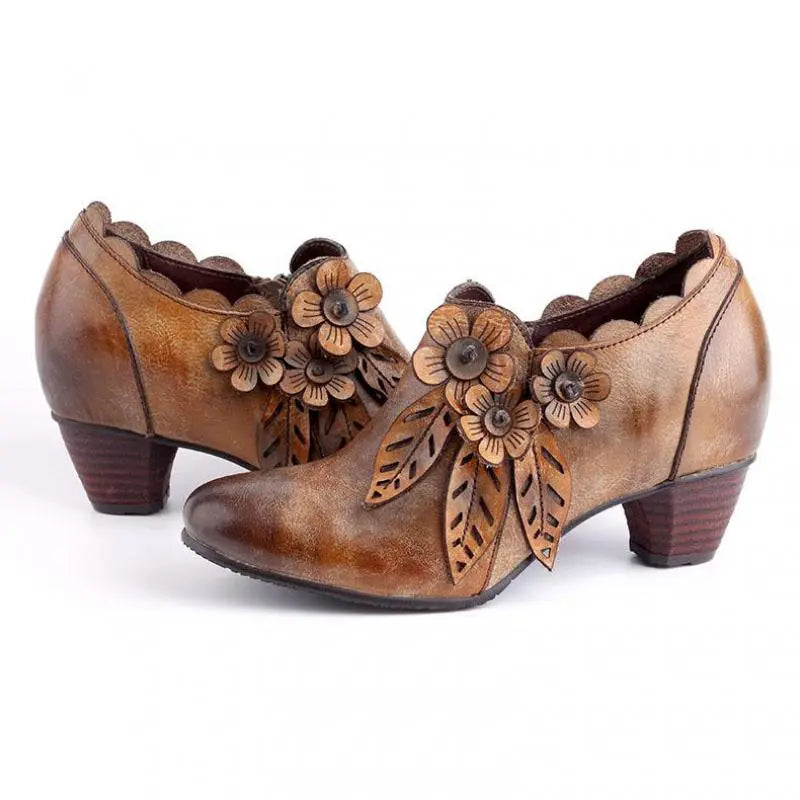 Natura2 - Retro floral leather Zip Up booties for women