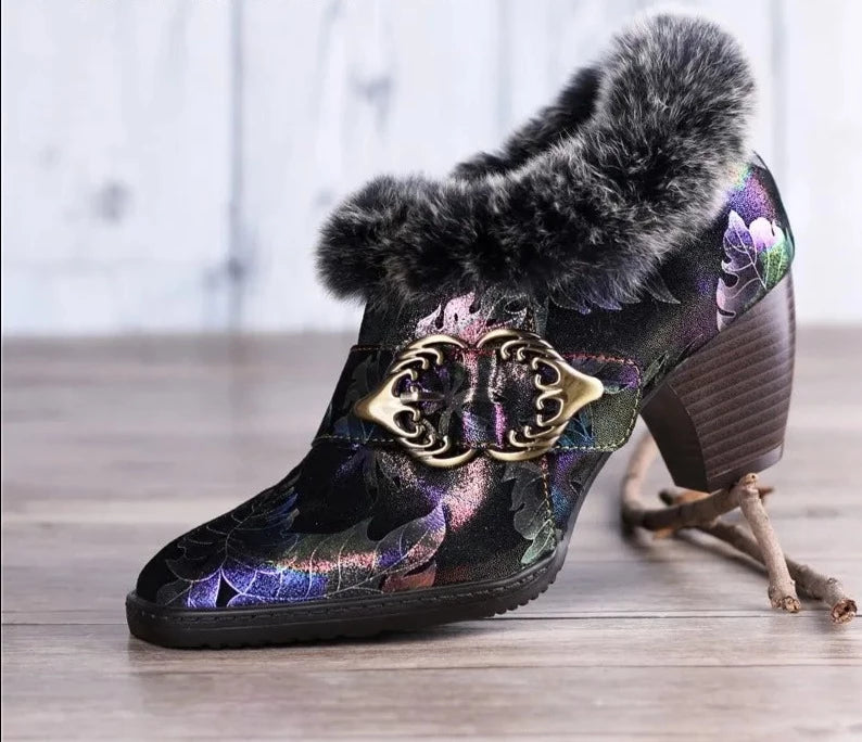 Arty - Colorful Fur Collar Warm Booties for women