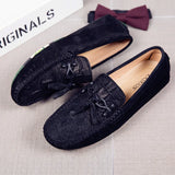 Stile - Men's Black Textured Suede Driving Loafers with Tassels - Ashour Shoes