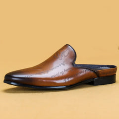Maestro - Men's Engraved Burnished Leather Backless Loafers - Ashour Shoes
