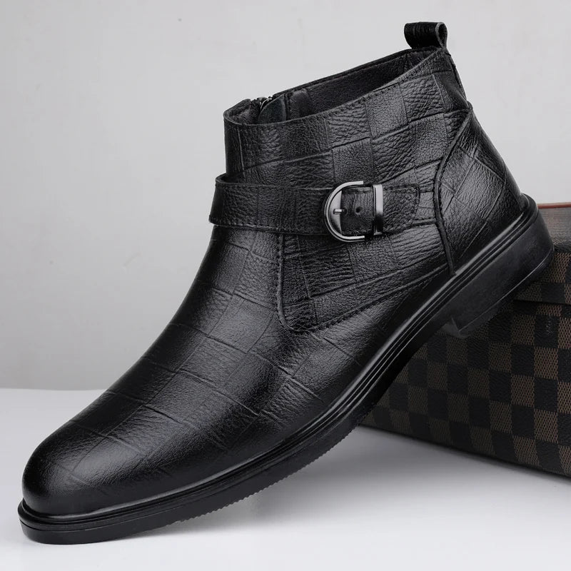Stile - Men's Embossed Leather Buckle Ankle Boots - Ashour Shoes