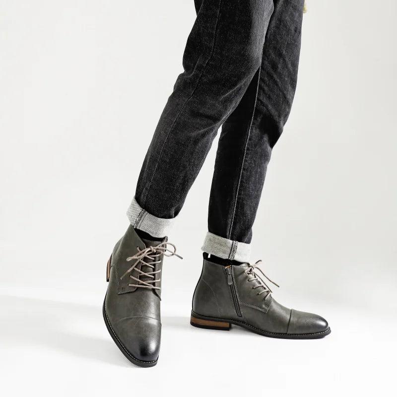 Averon – Men’s Vegan Leather zip up Boots – Cap Toe Lace-Up Ankle Dress Boots - Ashour Shoes