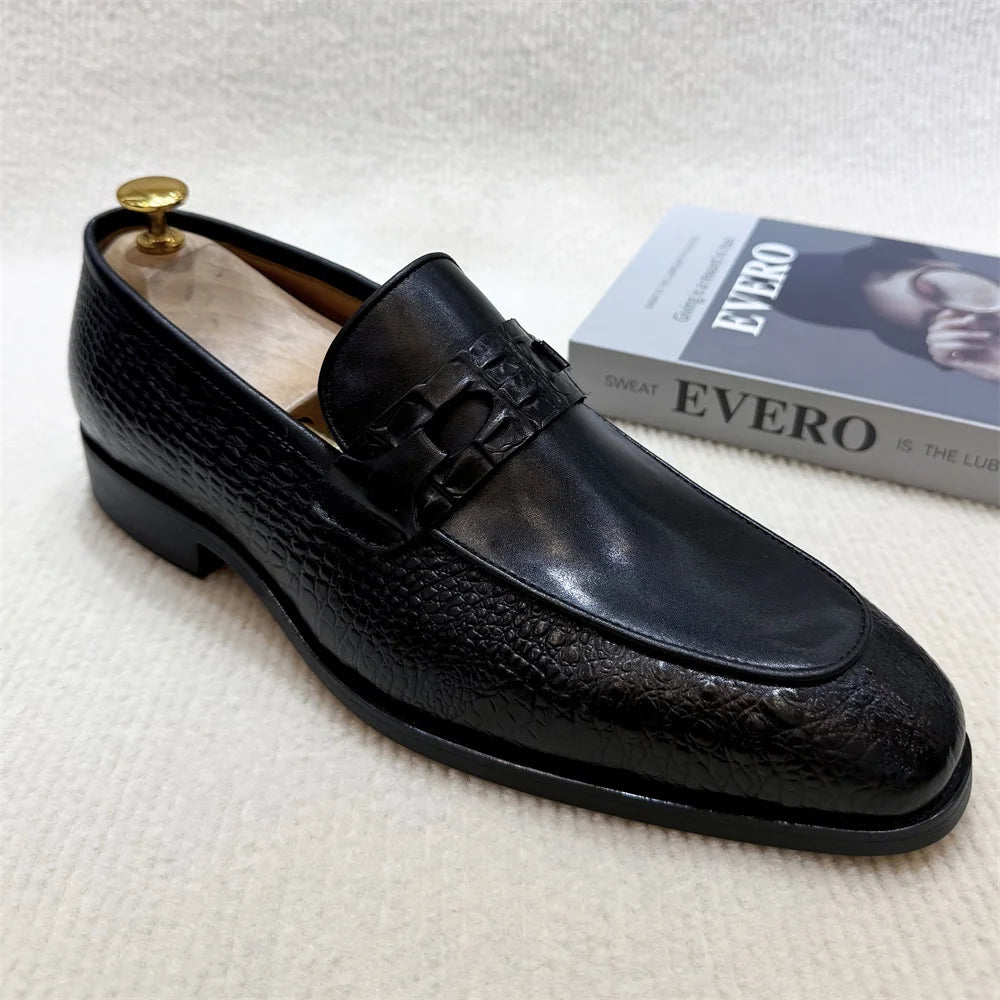 Eleganza - Men's Dark Brown Crocodile Print Leather Loafers - Ashour Shoes