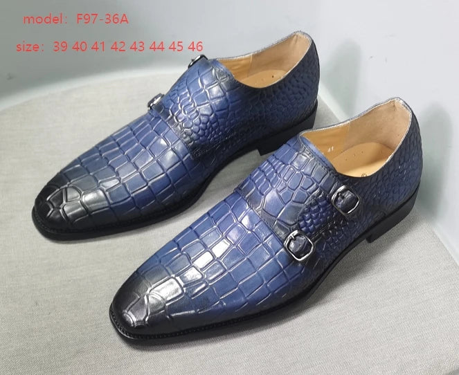 Maestro - Men's Elegant Black Crocodile Embossed Double Monk Strap Dress Shoes - Ashour Shoes