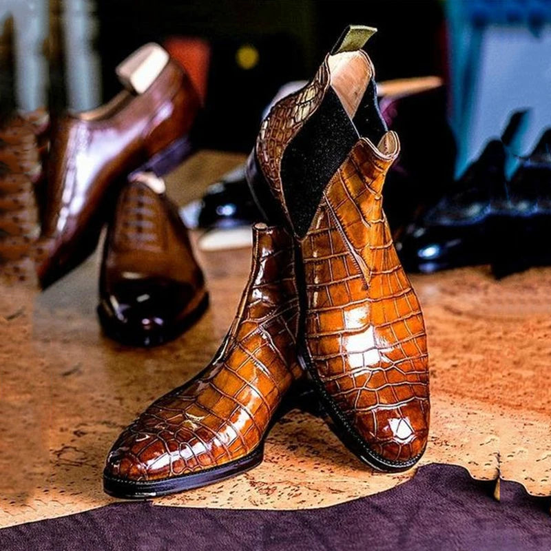 Calviro – Men’s Crocodile-Embossed Chelsea Boots – vegan Leather Ankle Boots - Ashour Shoes