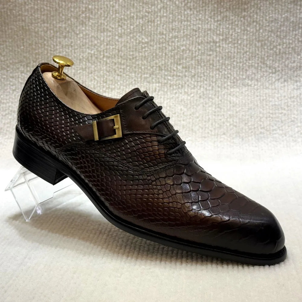 Distinto - Men's Fashionable Snake-Embossed Leather Buckled Derby Shoes - Ashour Shoes