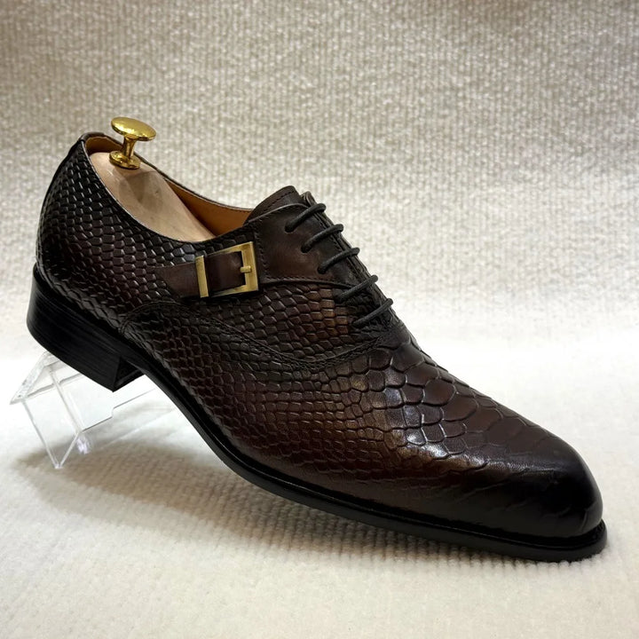 Distinto - Men's Fashionable Snake-Embossed Leather Buckled Derby Shoes