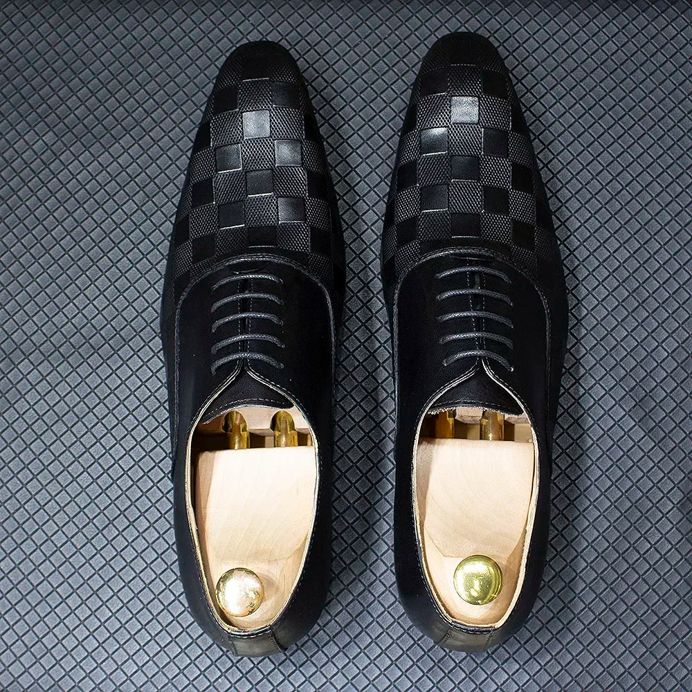 Ardito - Men's Luxury Genuine Leather Oxford Dress Shoes with Embossed Checkered Print - Ashour Shoes