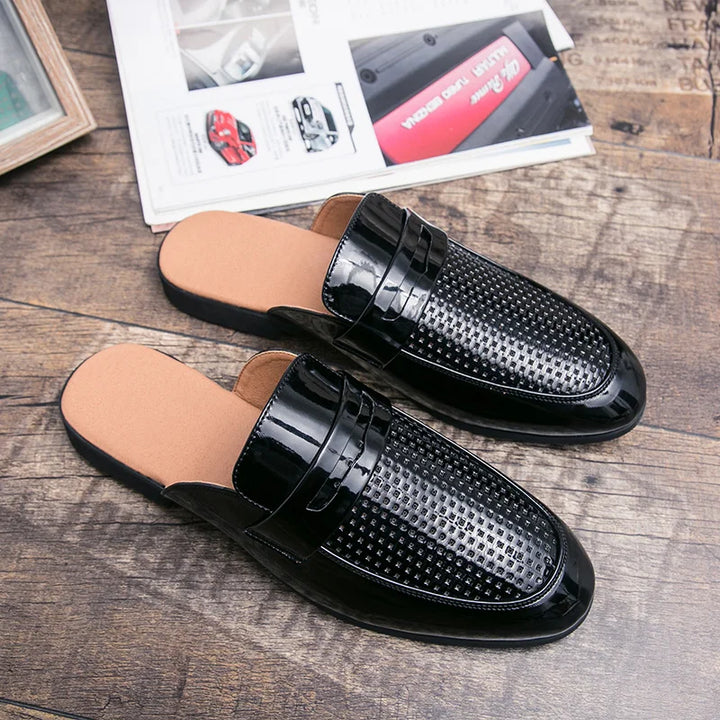 Half Shoes for Men Leather Mules Casual Shoes Men Fashion 2022 Men Slipper Mules Backless Loafers Black Flat Heel Party Slippers - Ashour Shoes