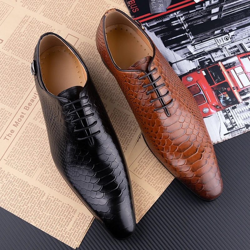 Caimano - Men's Cognac Embossed Leather Oxford Dress Shoes - Ashour Shoes
